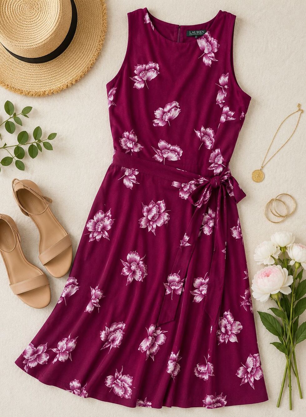 Lauren Ralph Lauren Women’s Dress Sz 14 Sleeveless Floral Tie Waist Midi Purple